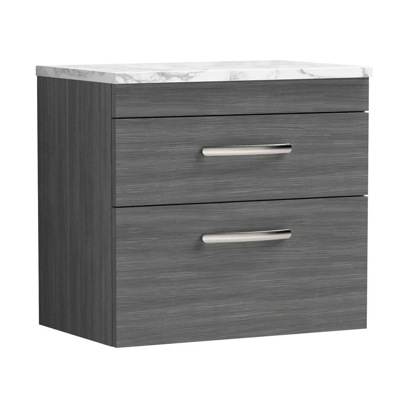 Nuie Athena 600 Wall Hung 2-drawer Unit & Laminate Worktop Contemporary Anthracite Woodgrain MFC Textured Woodgrain 560x605x390mm