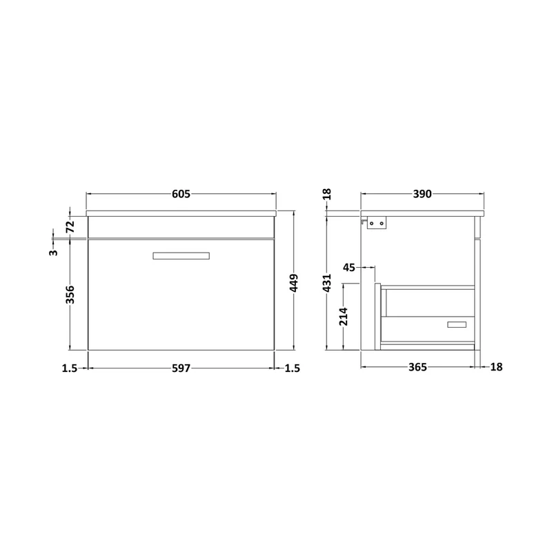 Nuie Athena 600mm Wall Hung Vanity With Worktop Contemporary Gloss White MFC Painted Gloss 448x605x390mm