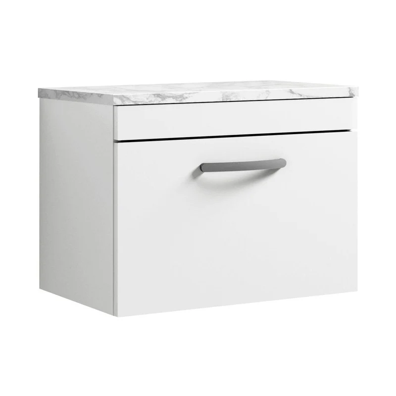 Nuie Athena 600 Wall Hung Single Drawer Unit & Laminate Worktop Contemporary Gloss White MFC Painted Gloss 452x605x390mm