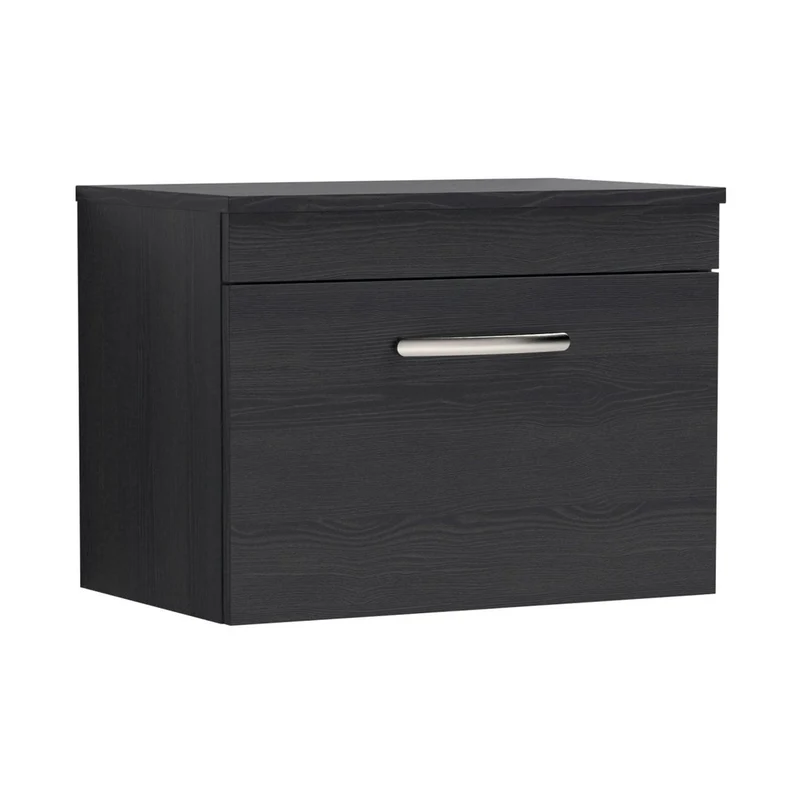 Nuie Athena 600mm Wall Hung Vanity With Worktop Contemporary Charcoal Black MFC Textured Woodgrain 448x605x390mm