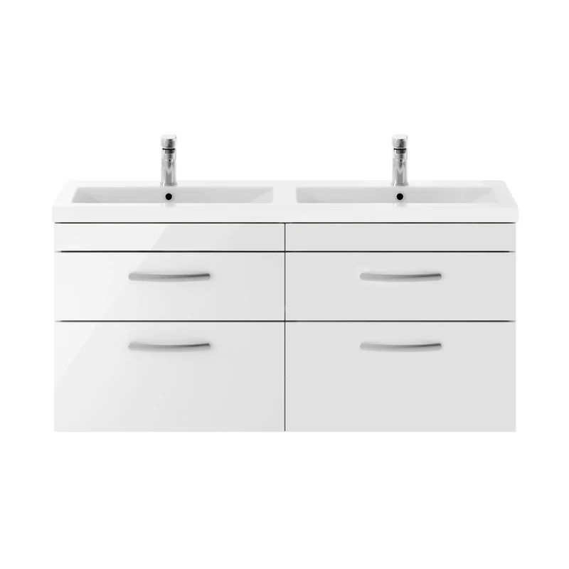 Nuie Athena 1200mm Wall Hung Cabinet With Double Ceramic Basin Contemporary Gloss White MFC Painted Gloss 578x1208x390mm