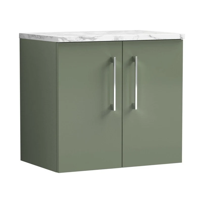 Nuie Arno 600mm Wall Hung 2-door Vanity & Laminate Worktop Contemporary Satin Green MFC Painted Matt 562x605x390mm