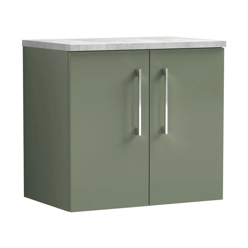 Nuie Arno 600mm Wall Hung 2 Door Vanity & Laminate Top Contemporary Satin Green MFC Painted Matt 561x605x390mm