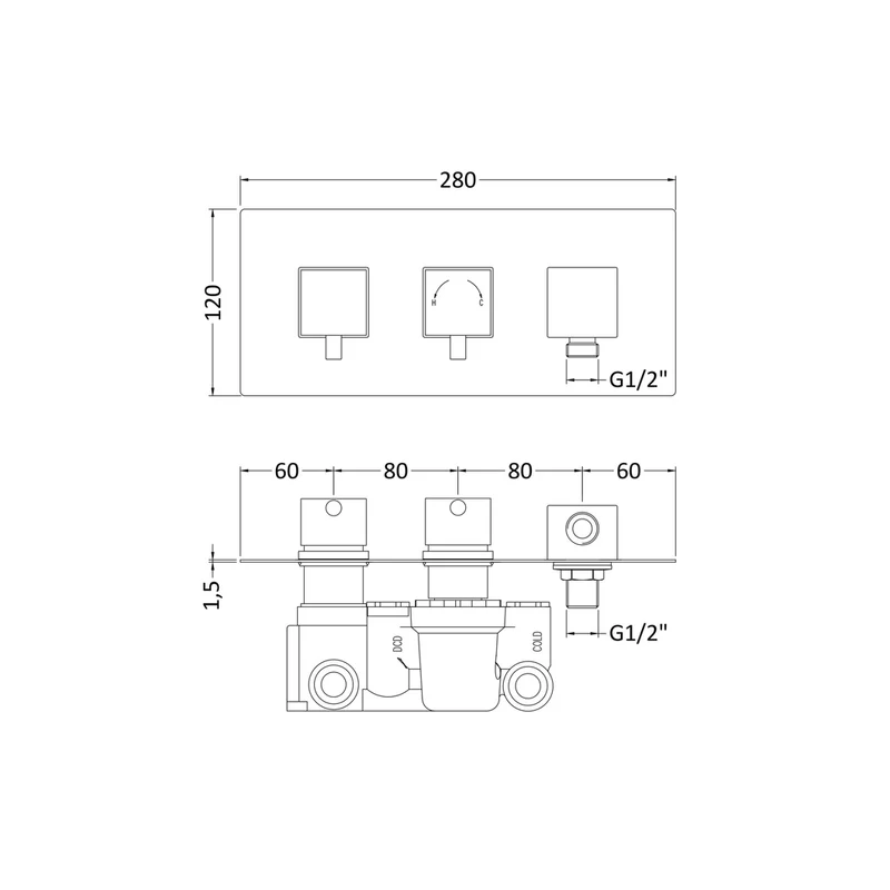 Nuie Twin Thermostatic Shower Valve With Diverter Contemporary Chrome Brass ABS 120x280x136mm