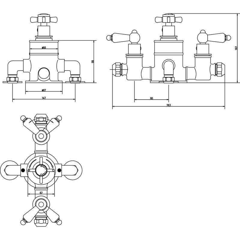 Nuie Triple Thermostatic Shower Valve Traditional Chrome Brass 263x150x162mm