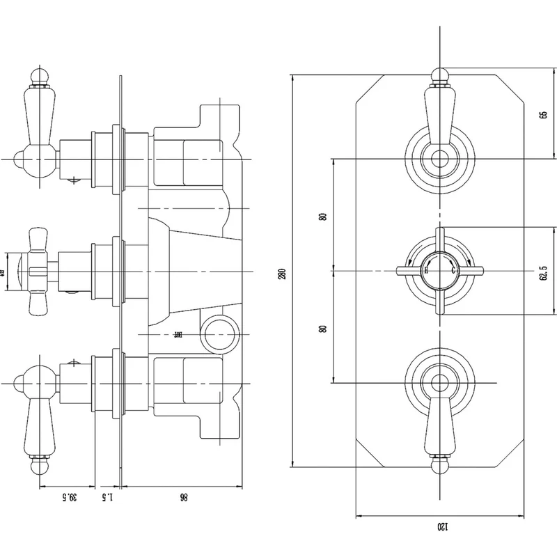 Nuie Triple Thermostatic Shower Valve Traditional Chrome Brass ABS 280x120x124mm