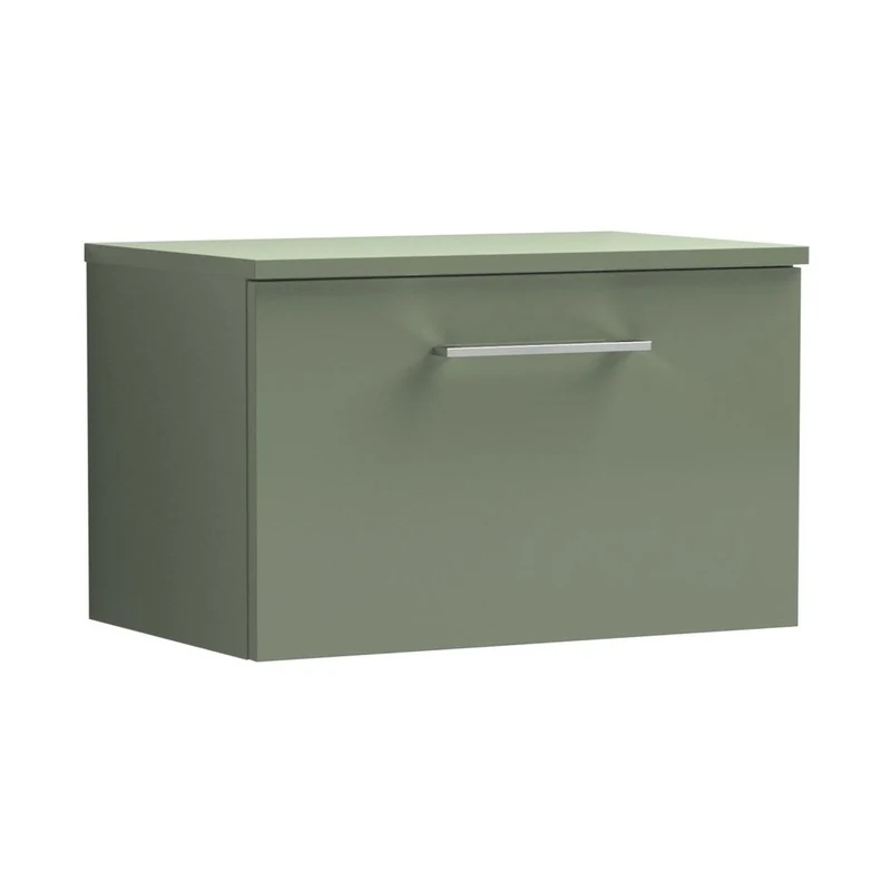 Nuie Arno 600mm Wall Hung 1 Drawer Vanity & Worktop Contemporary Satin Green MFC Painted Matt 377x605x390mm