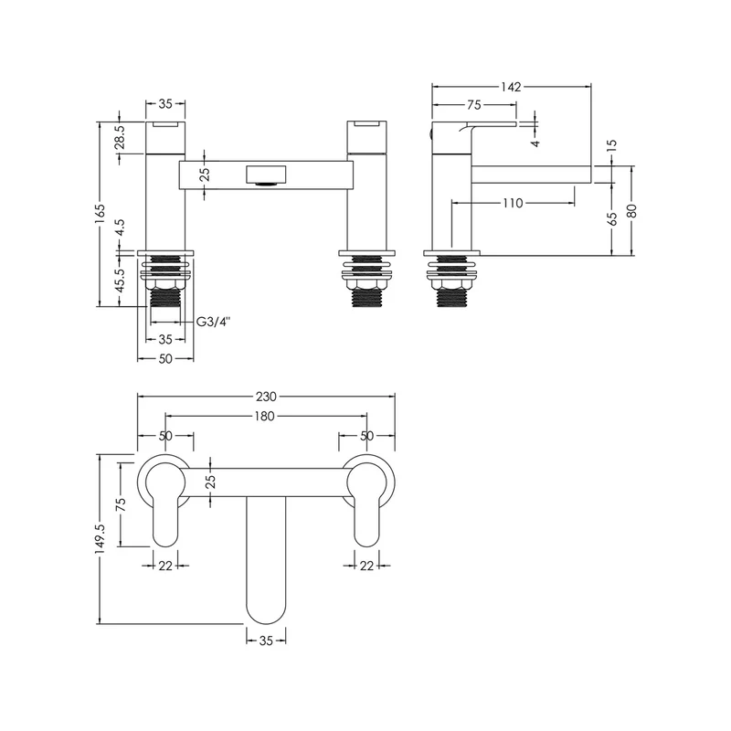 Nuie Arvan Deck Mounted Bath Filler Contemporary Matt Black Brass 120x230x142mm