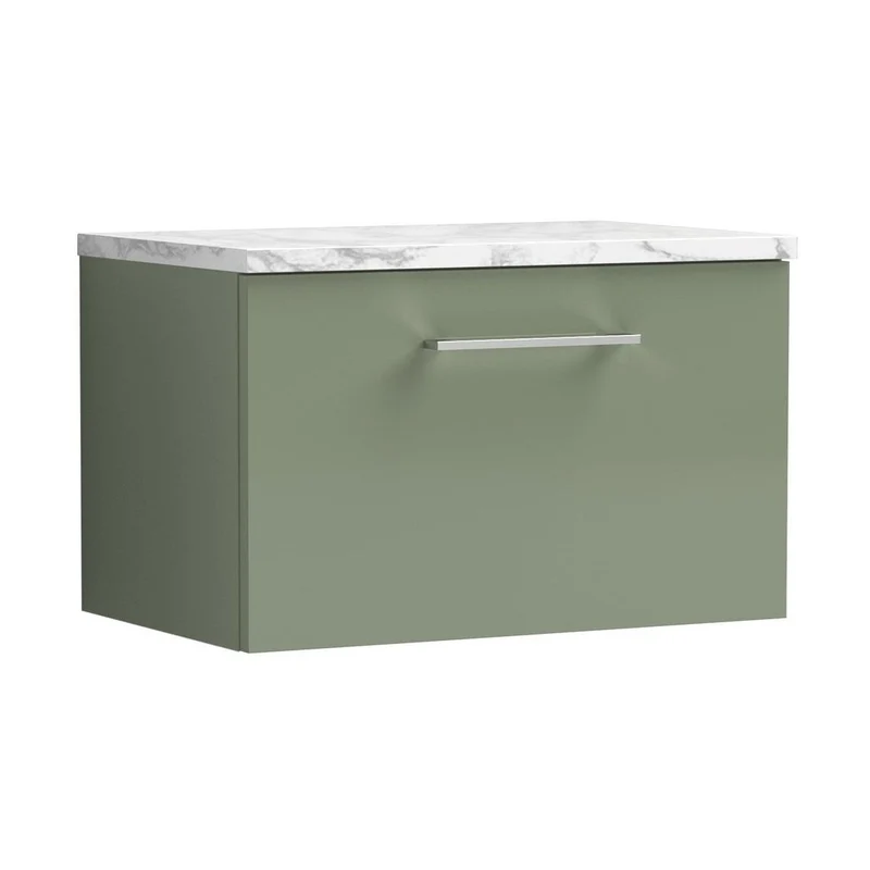 Nuie Arno 600mm Wall Hung 1-drawer Vanity & Laminate Worktop Contemporary Satin Green MFC Painted Matt 381x605x390mm