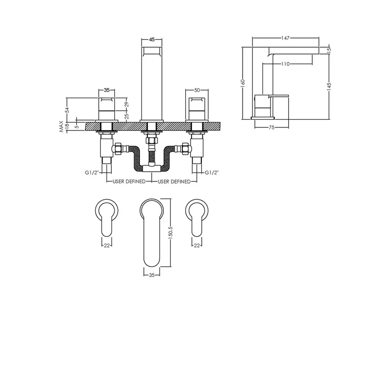 Nuie Arvan Deck Mounted 3 Tap Hole Basin Mixer With Pop Up Waste Contemporary Chrome Brass 160x250x147mm