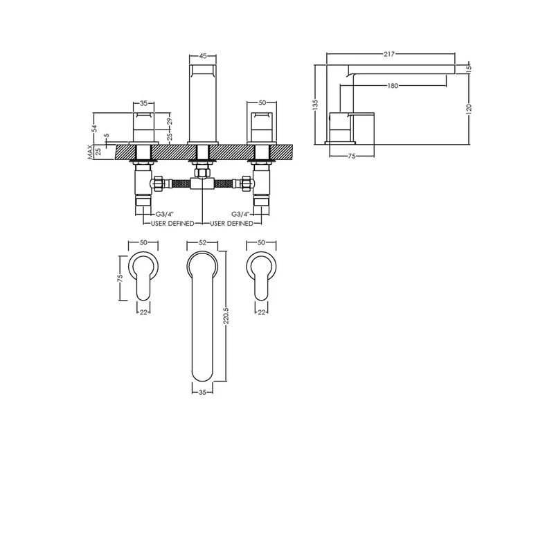 Nuie Arvan Deck Mounted 3 Tap Hole Bath Filler Contemporary Chrome Brass 135x250x222mm
