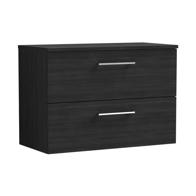 Nuie Arno 800mm Wall Hung 2 Drawer Vanity & Worktop Contemporary Charcoal Black MFC Textured Woodgrain 539x805x390mm