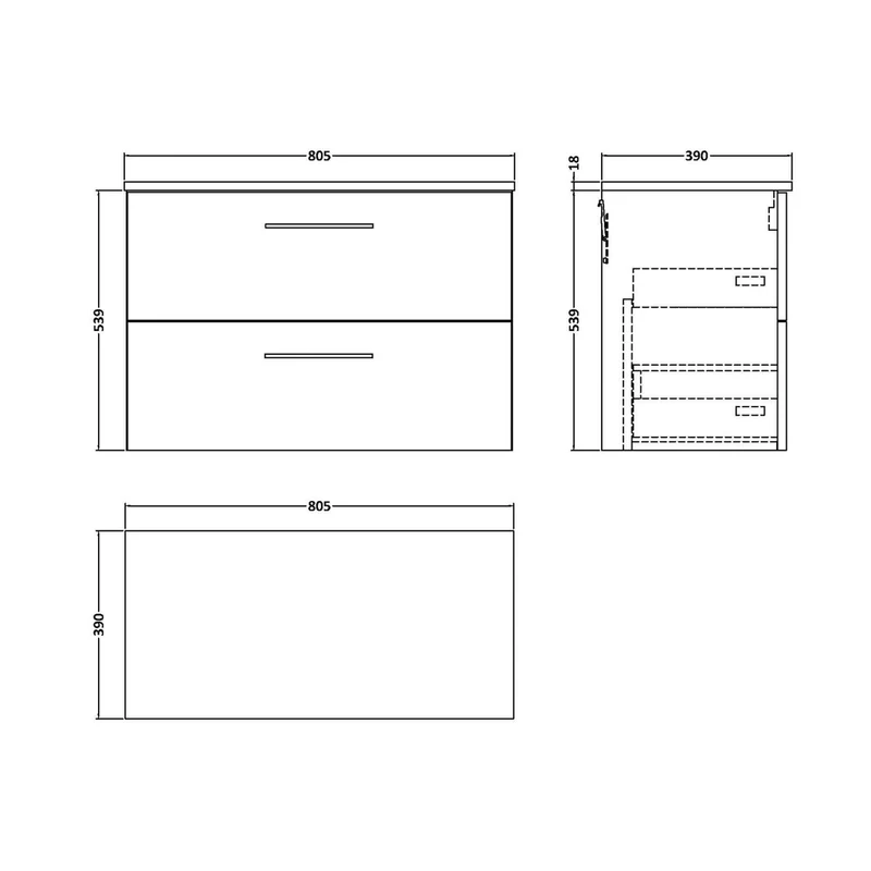 Nuie Arno 800mm Wall Hung 2 Drawer Vanity & Worktop Contemporary Charcoal Black MFC Textured Woodgrain 539x805x390mm