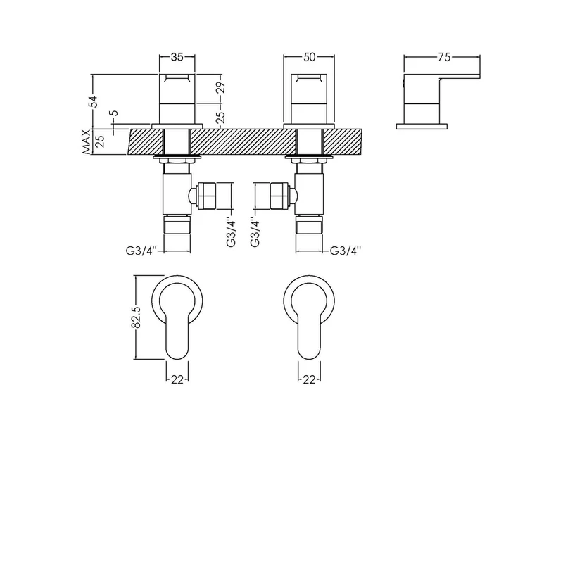 Nuie Arvan 3/4" Side Valves Contemporary Chrome Brass 54x35x75mm