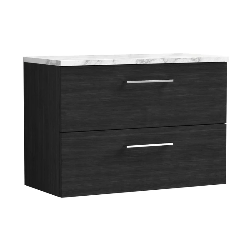 Nuie Arno 800mm Wall Hung 2-drawer Vanity & Laminate Worktop Contemporary Charcoal Black MFC Textured Woodgrain 562x805x390mm