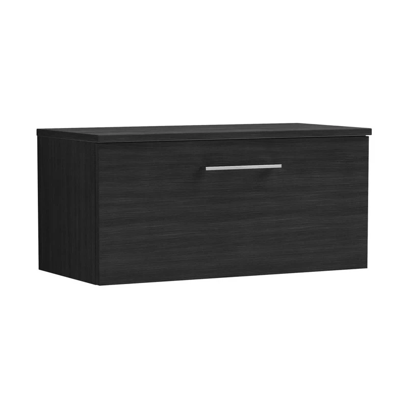 Nuie Arno 800mm Wall Hung 1 Drawer Vanity & Worktop Contemporary Charcoal Black MFC Textured Woodgrain 377x805x390mm