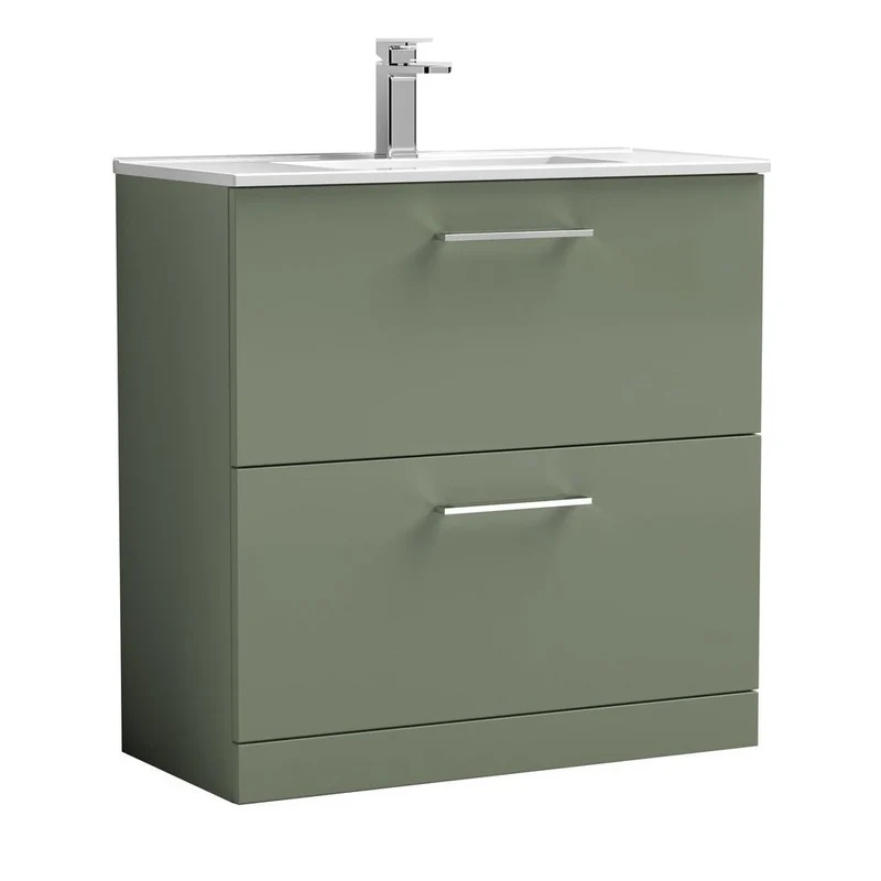 Nuie Arno 800mm Floor Standing 2 Drawer Vanity & Basin 2 Contemporary Satin Green MFC 815x800x390mm