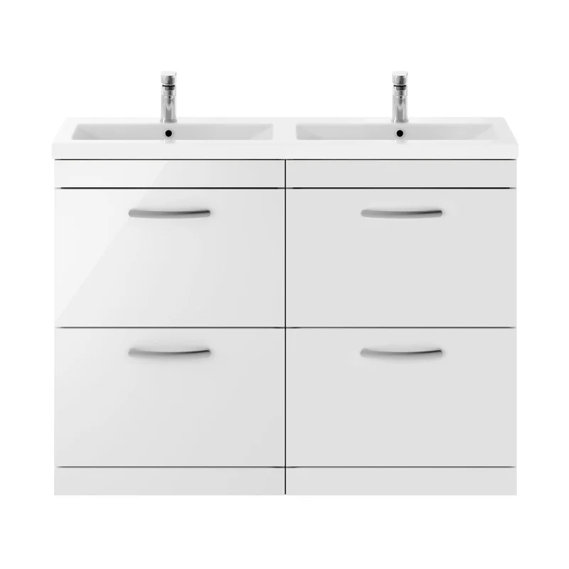 Nuie Athena 1200mm Floor Standing Cabinet With Double Ceramic Basin Contemporary Gloss White MFC Painted Gloss 905x1208x390mm - ATH034F