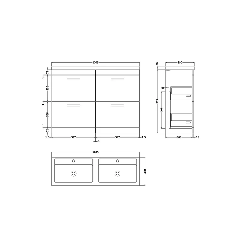 Nuie Athena 1200mm Floor Standing Cabinet With Double Ceramic Basin Contemporary Gloss White MFC Painted Gloss 905x1208x390mm - ATH034F