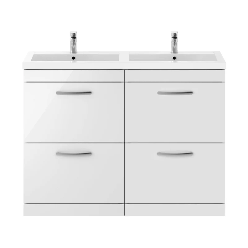 Nuie Athena 1200mm Floor Standing Cabinet With Double Basin Contemporary Gloss White MFC Painted Gloss 905x1205x390mm - ATH034C