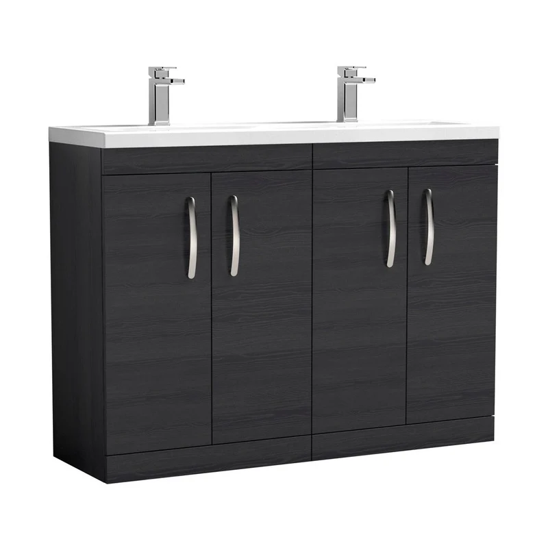 Nuie Athena 1200mm Floor Standing Cabinet With Double Ceramic Basin Contemporary Charcoal Black MFC Textured Woodgrain 905x1208x390mm - ATH026F