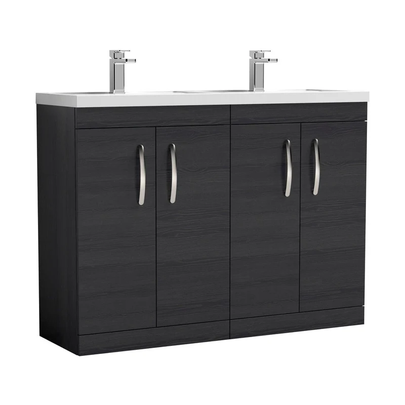 Nuie Athena 1200mm Floor Standing Cabinet With Double Basin Contemporary Charcoal Black MFC Textured Woodgrain 905x1205x390mm - ATH026C