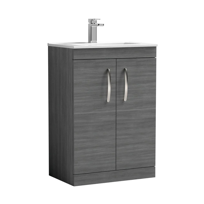 Nuie Athena 600mm Floor Standing Vanity With Basin 2 Contemporary Anthracite Woodgrain MFC 883x605x395mm - ATH025B
