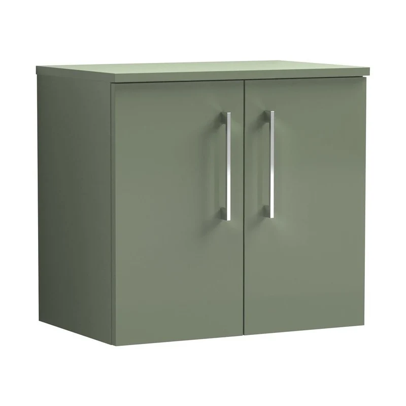 Nuie Arno 600mm Wall Hung 2 Door Vanity & Worktop Contemporary Satin Green MFC Painted Matt 557x605x383mm