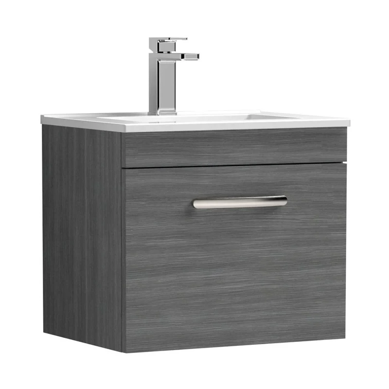 Nuie Athena 500mm Wall Hung Vanity With Basin 2 Contemporary Anthracite Woodgrain MFC 448x505x395mm