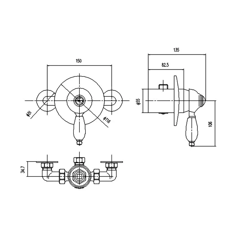 Nuie Manual Shower Valve Traditional Chrome Brass 35x150x135mm