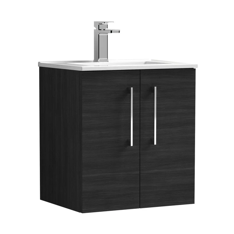 Nuie Arno 500mm Wall Hung 2 Door Vanity & Basin 2 Contemporary Charcoal Black MFC Textured Woodgrain 557x500x390mm