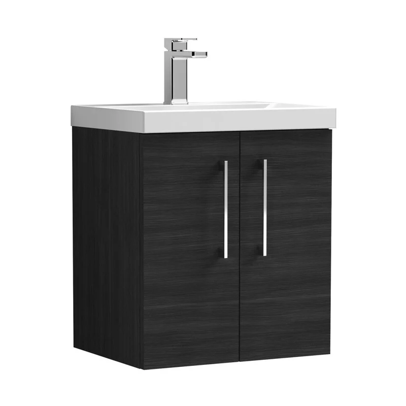 Nuie Arno 500mm Wall Hung 2 Door Vanity & Basin 1 Contemporary Charcoal Black MFC Textured Woodgrain 579x510x390mm