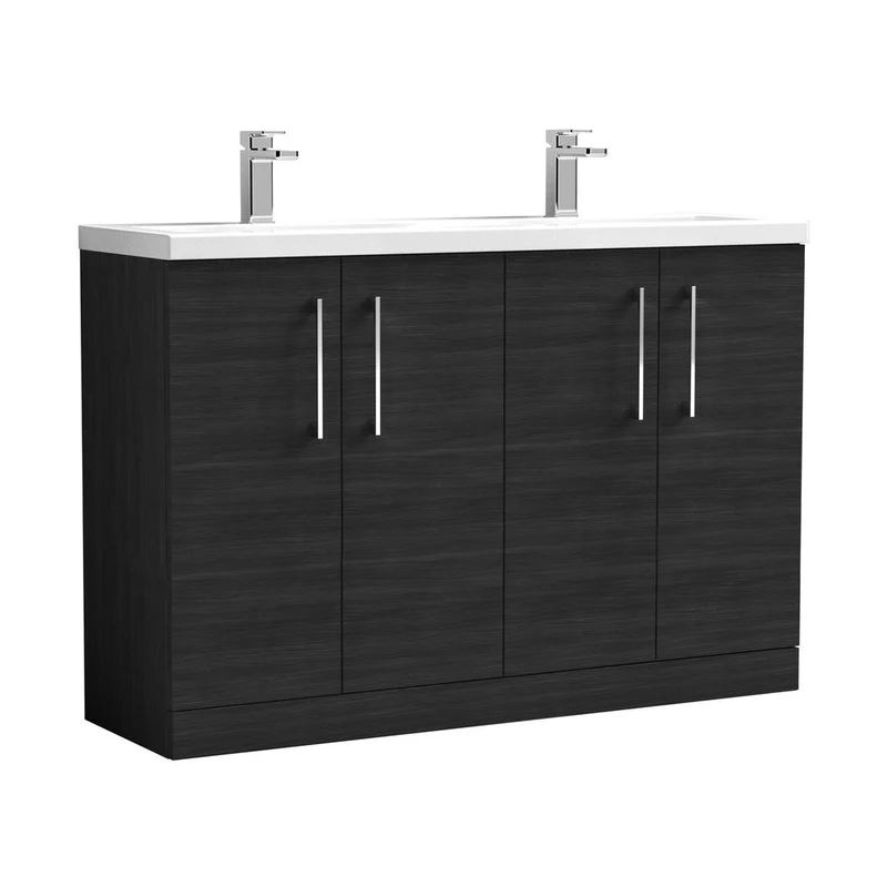 Nuie Arno 1200mm Floor Standing 4 Door Vanity & Double Basin Contemporary Charcoal Black MFC Textured Woodgrain 840x1205x383mm - ARN603F