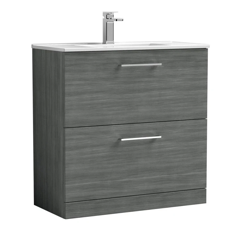 Nuie Arno 800mm Floor Standing 2 Drawer Vanity & Basin 2 Contemporary Anthracite Woodgrain MFC 818x800x390mm