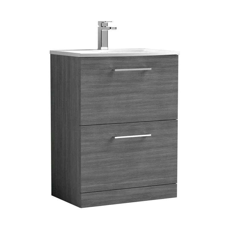 Nuie Arno 600mm Floor Standing 2 Drawer Vanity & Basin 4 Contemporary Anthracite Woodgrain MFC 830x610x440mm