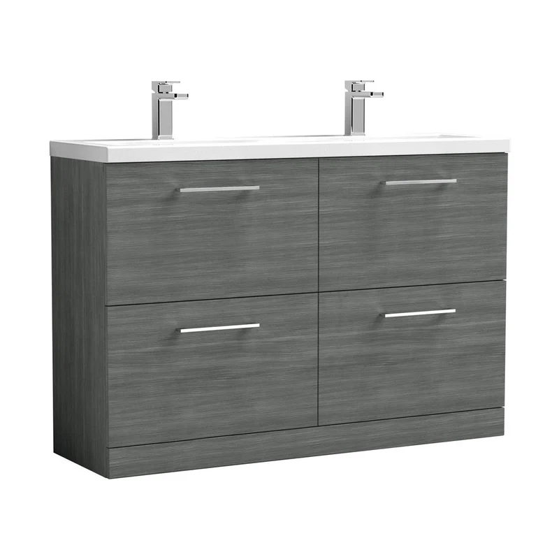Nuie Arno 1200mm Floor Standing 4 Drawer Vanity & Double Basin Contemporary Anthracite Woodgrain MFC Textured Woodgrain 840x1205x383mm - ARN533F