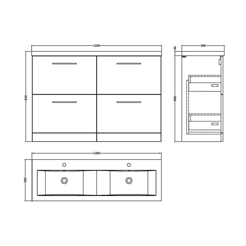Nuie Arno 1200mm Floor Standing 4 Drawer Vanity & Double Basin Contemporary Anthracite Woodgrain MFC Textured Woodgrain 840x1205x383mm - ARN533F