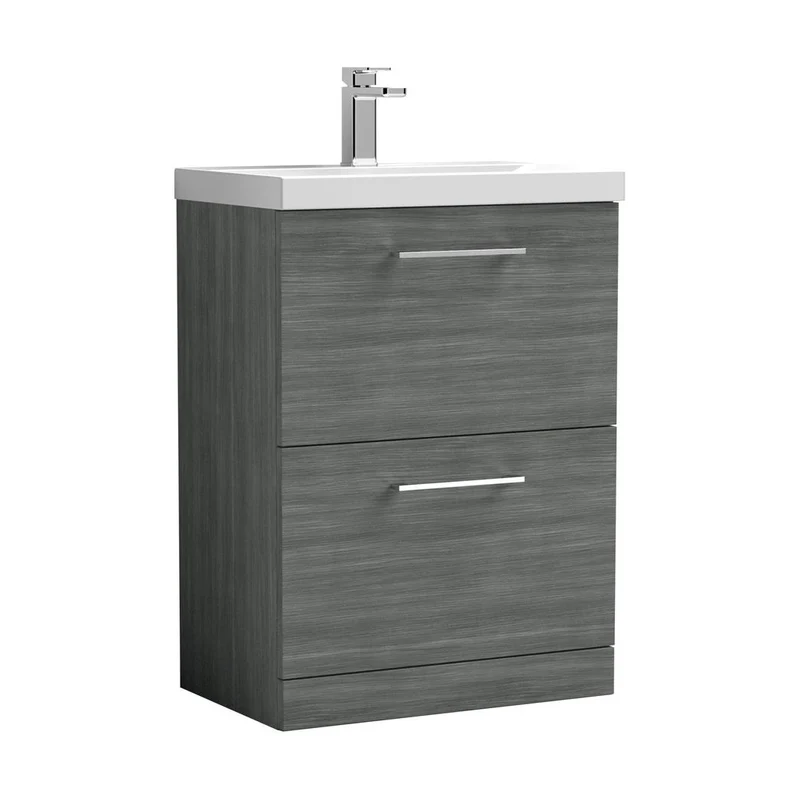 Nuie Arno 600mm Floor Standing 2 Drawer Vanity & Basin 3 Contemporary Anthracite Woodgrain MFC 850x610x395mm