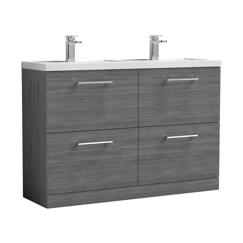 Nuie Arno 1200mm Floor Standing 4 Drawer Vanity & Double Basin Contemporary Anthracite Woodgrain MFC Textured Woodgrain 840x1205x383mm - ARN533C