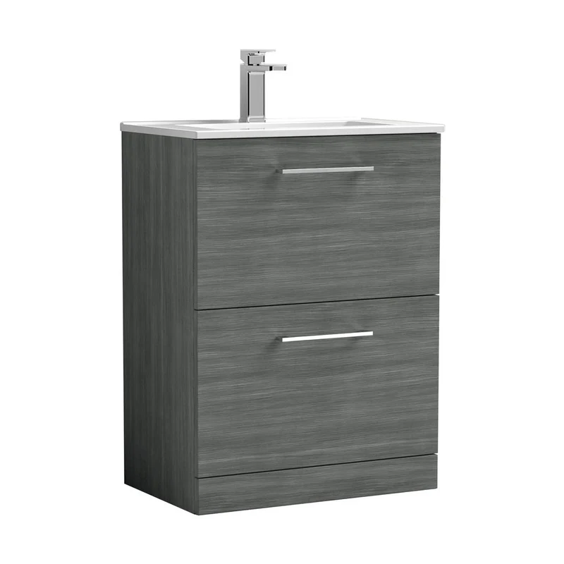 Nuie Arno 600mm Floor Standing 2 Drawer Vanity & Basin 2 Contemporary Anthracite Woodgrain MFC 818x600x390mm