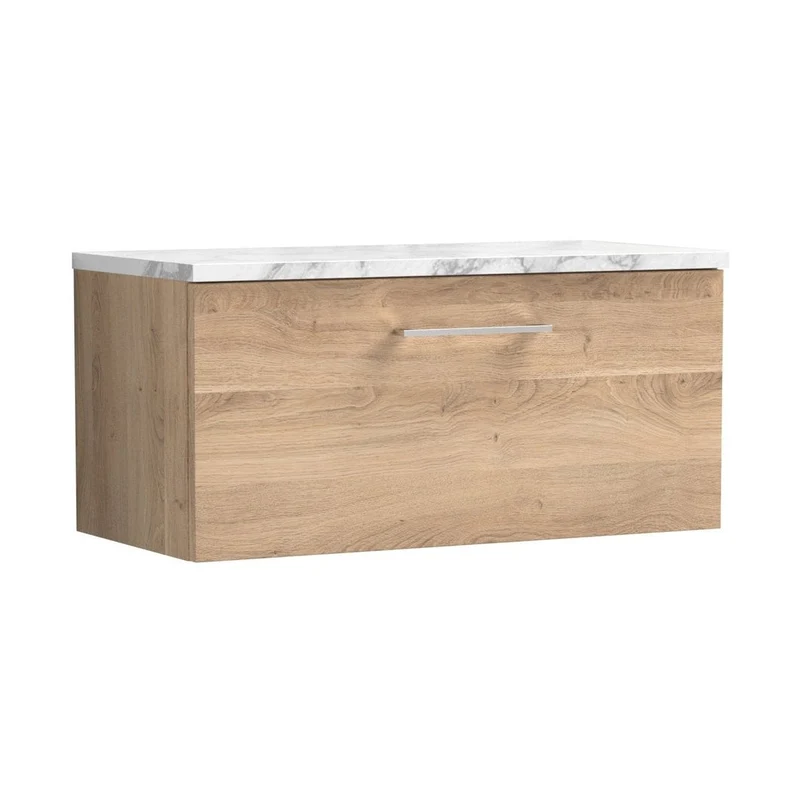 Nuie Arno 800mm Wall Hung 1-drawer Vanity & Laminate Worktop Contemporary Bleached Oak MFC Textured Woodgrain 381x805x390mm - ARN3025LCM