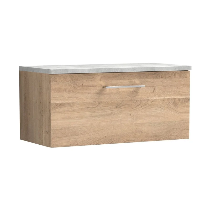 Nuie Arno 800mm Wall Hung Single Drawer Vanity & Laminate Worktop Contemporary Bleached Oak MFC Textured Woodgrain 381x805x390mm
