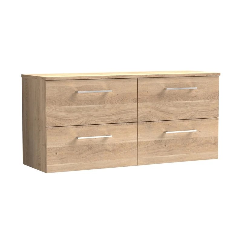 Nuie Arno 1200mm Wall Hung 4-drawer Vanity & Worktop Contemporary Bleached Oak MFC Textured Woodgrain 558x1205x390mm