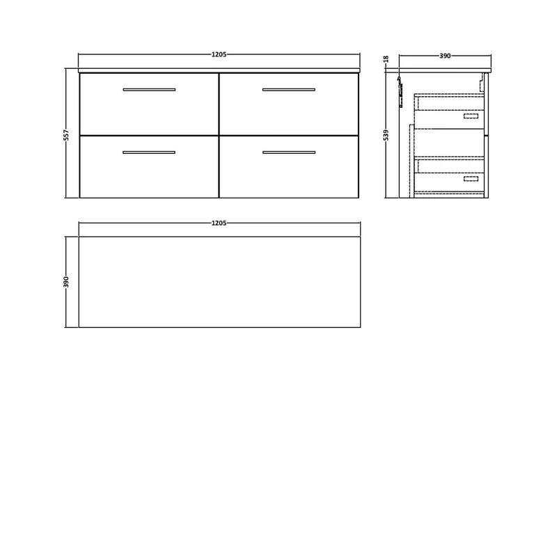 Nuie Arno 1200mm Wall Hung 4-drawer Vanity & Worktop Contemporary Bleached Oak MFC Textured Woodgrain 558x1205x390mm