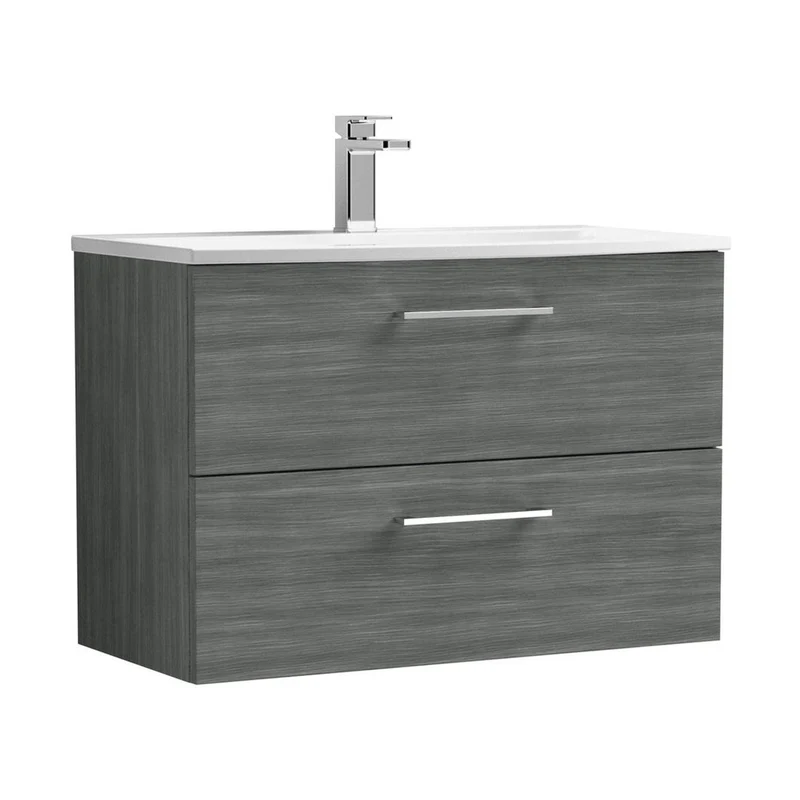 Nuie Arno 800mm Wall Hung 2 Drawer Vanity & Basin 4 Contemporary Anthracite Woodgrain MFC Textured Woodgrain 569x810x440mm