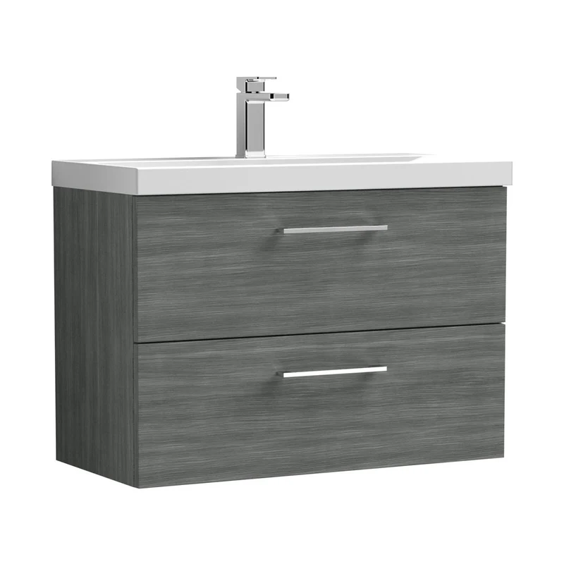 Nuie Arno 800mm Wall Hung 2 Drawer Vanity & Basin 1 Contemporary Anthracite Woodgrain MFC Textured Woodgrain 579x810x390mm
