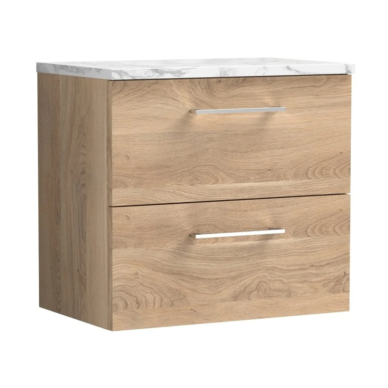 Nuie Arno 600mm Wall Hung 2-drawer Vanity & Laminate Worktop Contemporary Bleached Oak MFC Textured Woodgrain 562x605x390mm - ARN3024LCM