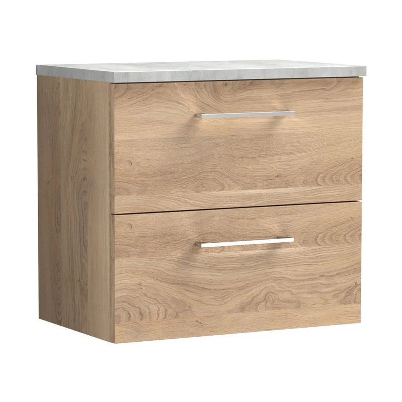 Nuie Arno 600mm Wall Hung 2-drawer Vanity & Laminate Worktop Contemporary Bleached Oak MFC Textured Woodgrain 562x605x390mm - ARN3024LBG