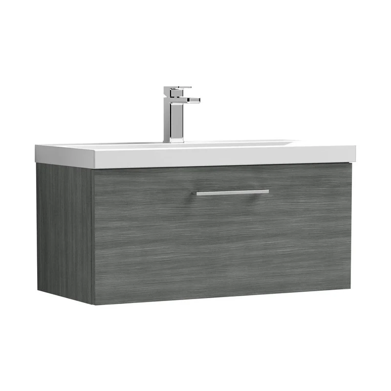 Nuie Arno 800mm Wall Hung 1 Drawer Vanity & Basin 3 Contemporary Anthracite Woodgrain MFC Textured Woodgrain 409x810x395mm