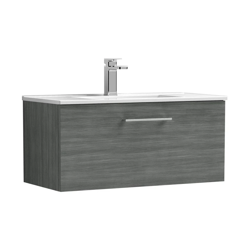 Nuie Arno 800mm Wall Hung 1 Drawer Vanity & Basin 2 Contemporary Anthracite Woodgrain MFC Textured Woodgrain 377x800x390mm